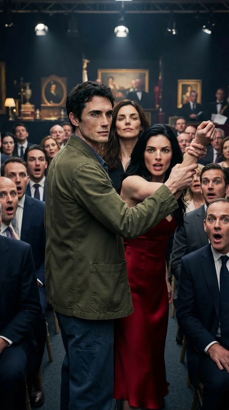 A tall man in an olive jacket lifts a red dressed woman's hand off his wife's arm and holds it in the air.