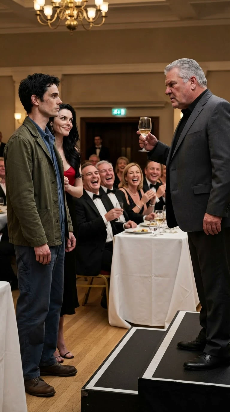 A silver haired chairman in a charcoal suit raises his glass and mocks the handyman in front of laughing donors.