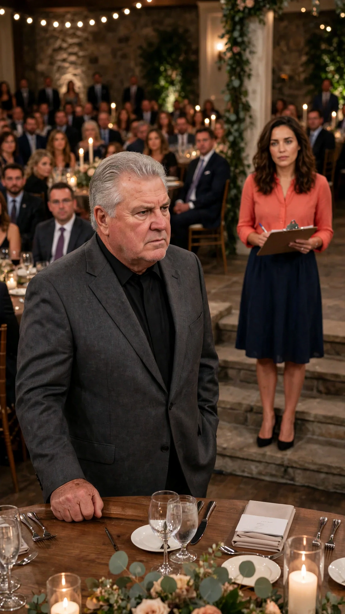 The chairman speaks to the full hall with his head slightly bowed, his daughter standing at the side of the stage.