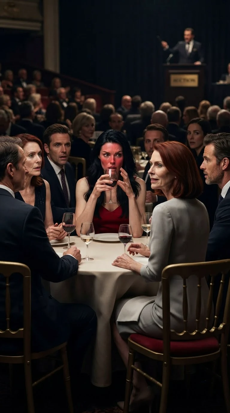 A red dressed woman lowers her wine glass, red faced, while a sharp eyed older donor in pearl gray turns to her.