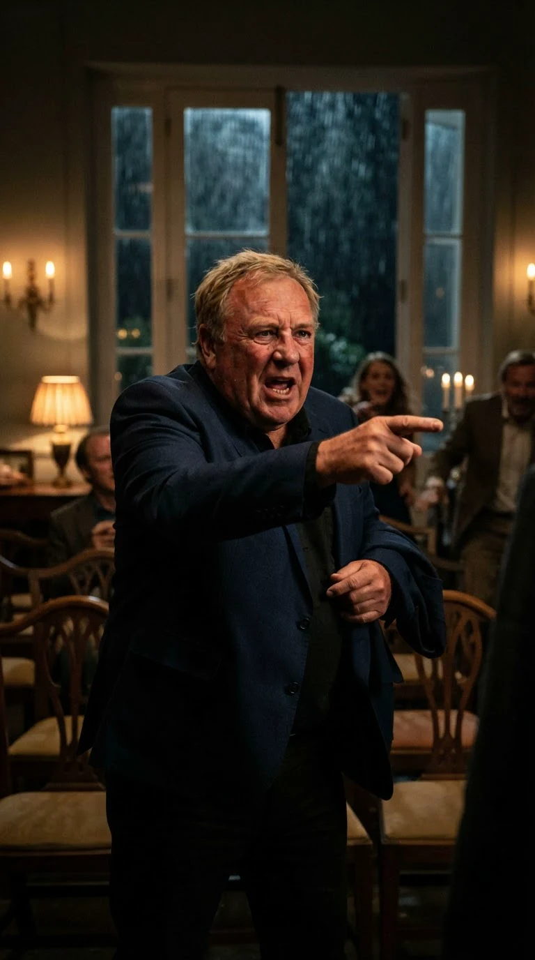 A heavyset man in a navy blazer jabs a thick finger across the hall from the back doors, coat half on.