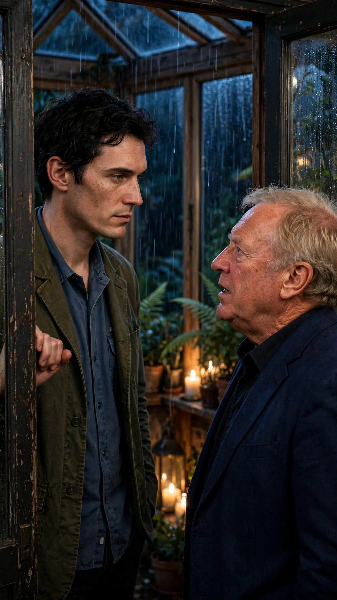 The handyman stands in the open doorway, blocking a bigger man's path, both lit by rain streaked glass.