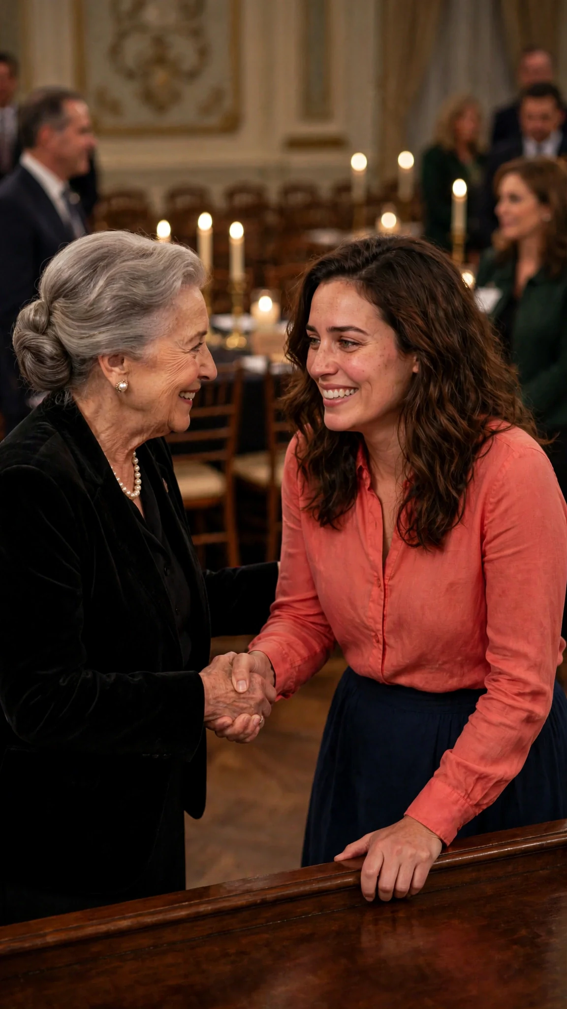 Donors crowd around a chestnut haired woman to shake her hand, and she grips the edge of a table, dizzy.