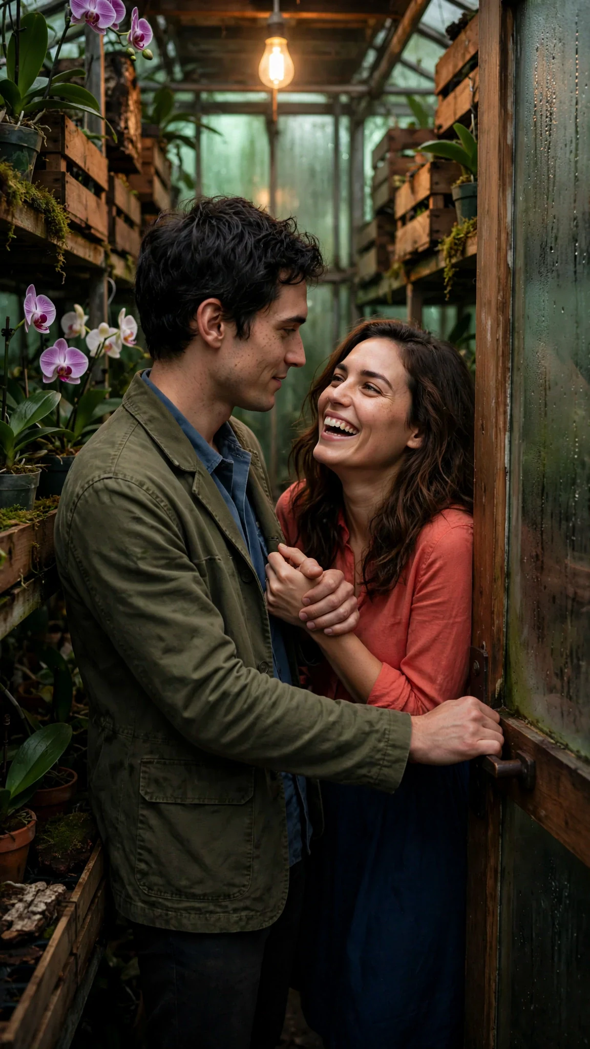 In a dim storeroom of orchid crates, he pulls her inside by the wrist and closes the door with his foot.