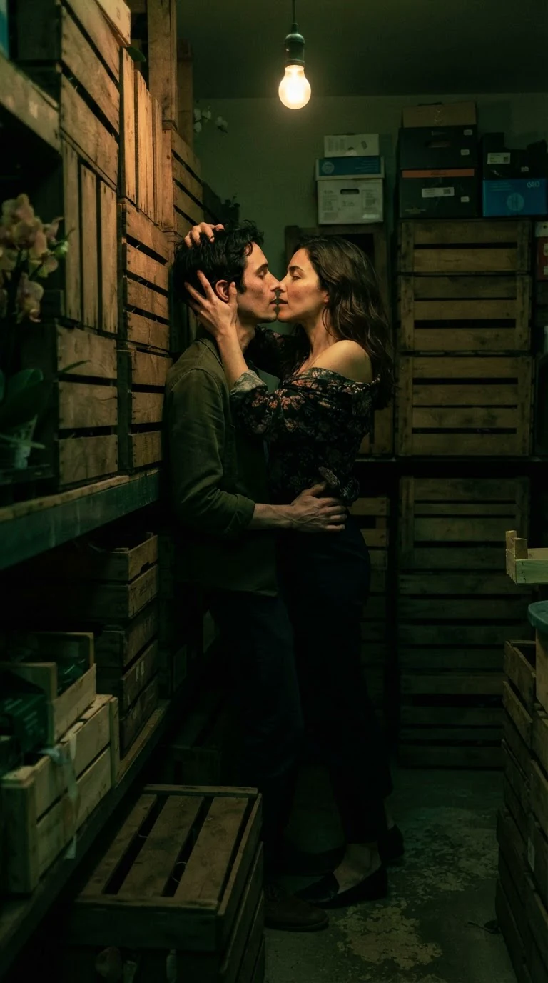 She kisses him hard with both hands in his hair, pressing him back against the wooden crates.