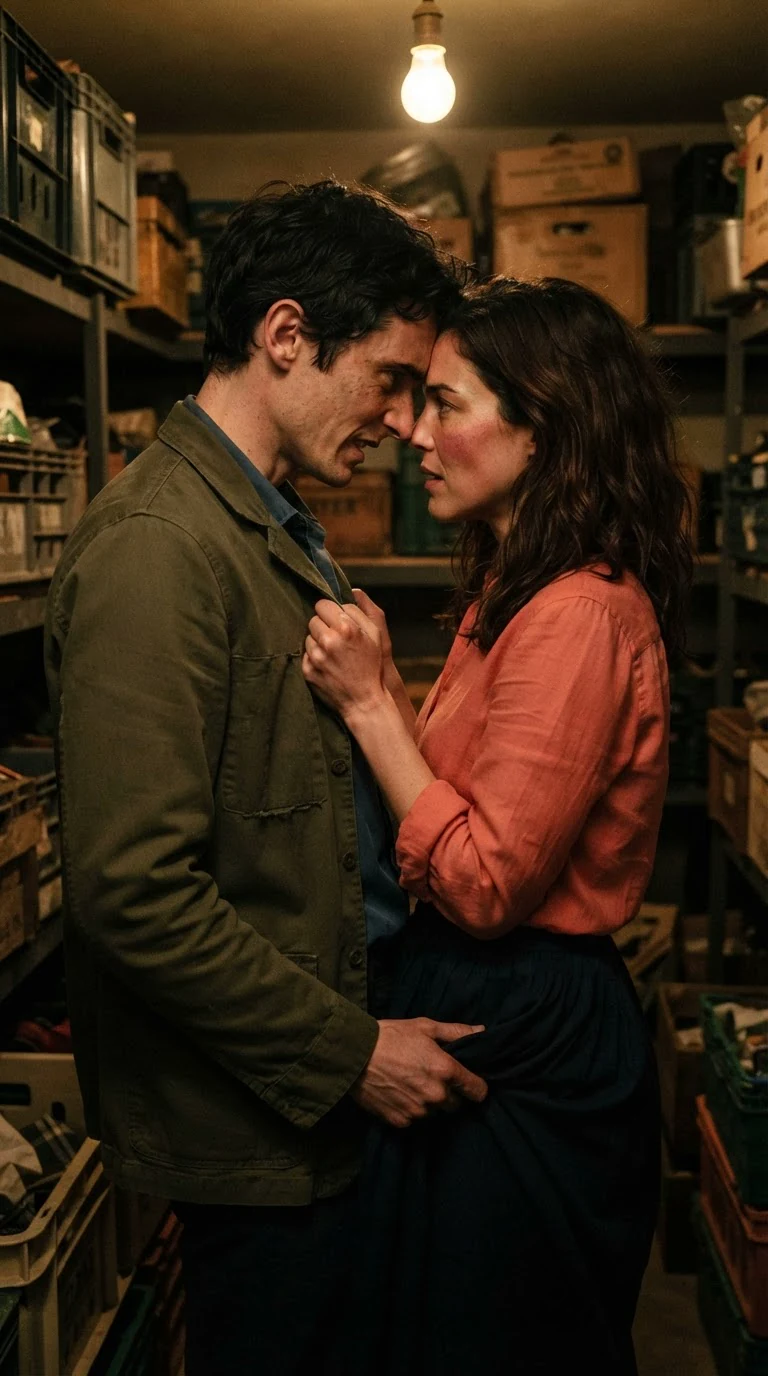 He stops with his forehead against hers, hand still at her hip, both breathing hard in the dim storeroom.