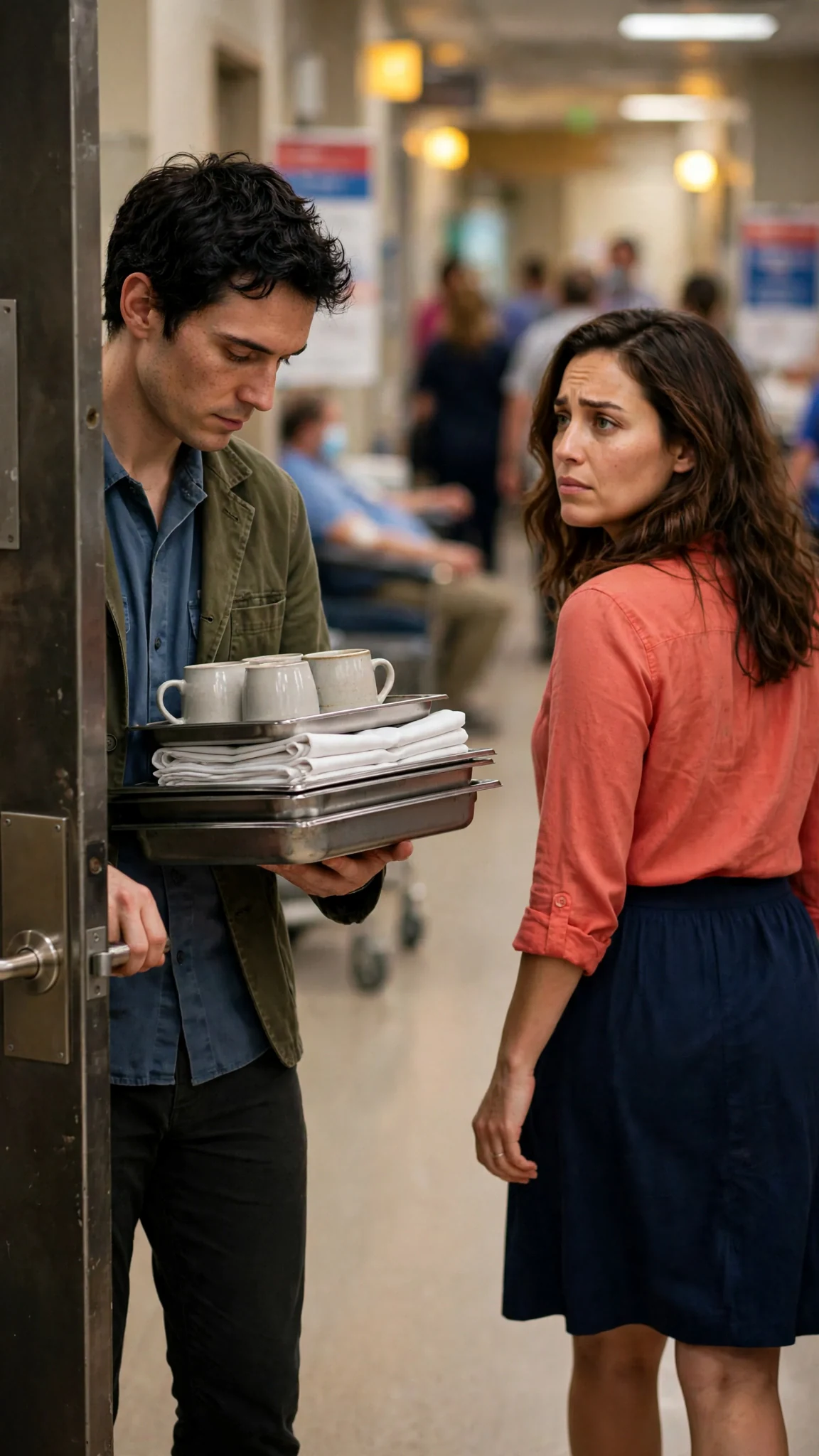 He holds the door open for her like hired help while the crowd beyond says her name.
