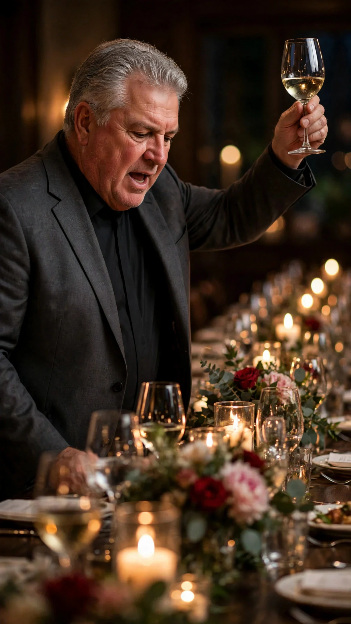 Alfred holds his glass high and looks down the table at Marielle.