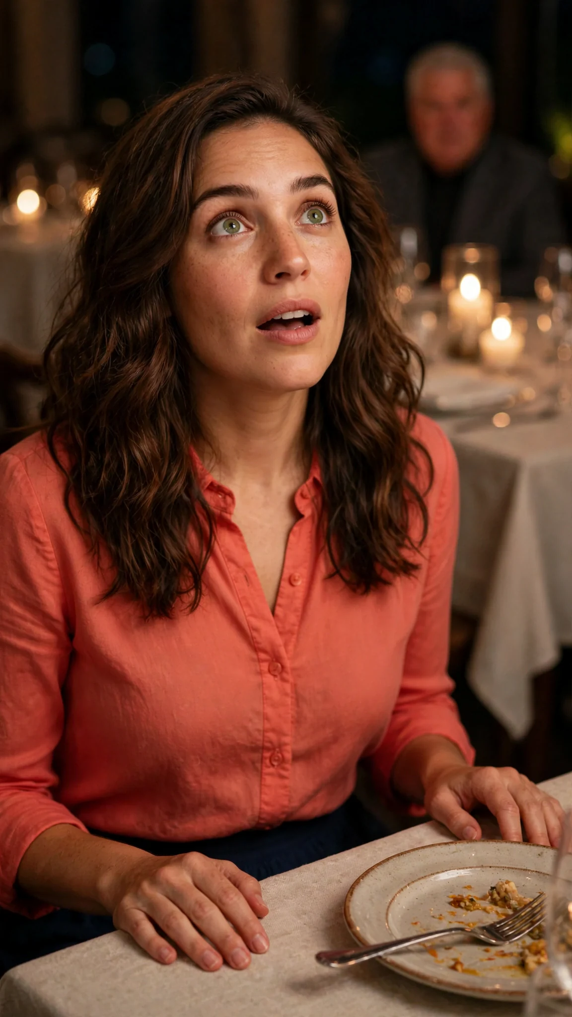 Marielle stares at her father with her fork set down and her hands trembling.
