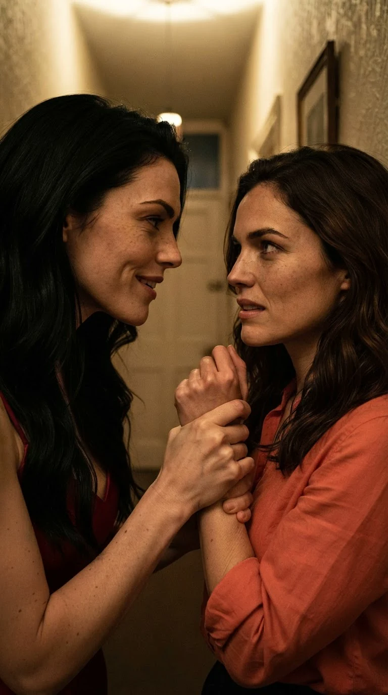 Priscilla leans close to Marielle, her fingers clamped on Marielle's wrist.