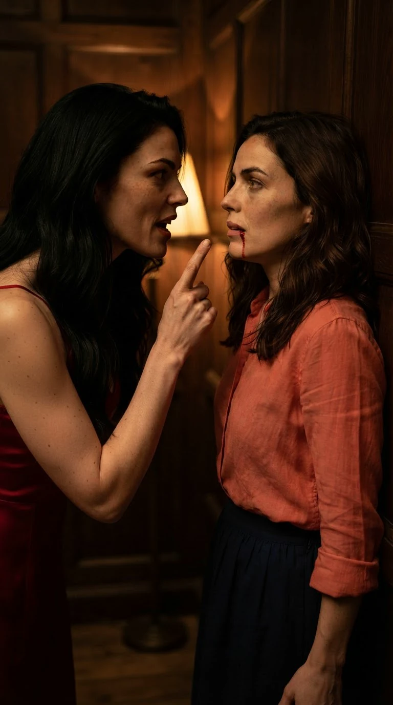 Priscilla threatens Marielle against the wall, one finger raised near her face.