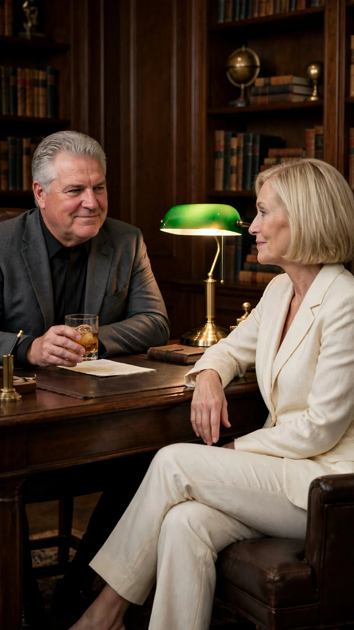 Alfred sits behind his study desk with a drink while Veronica leans back in a chair.