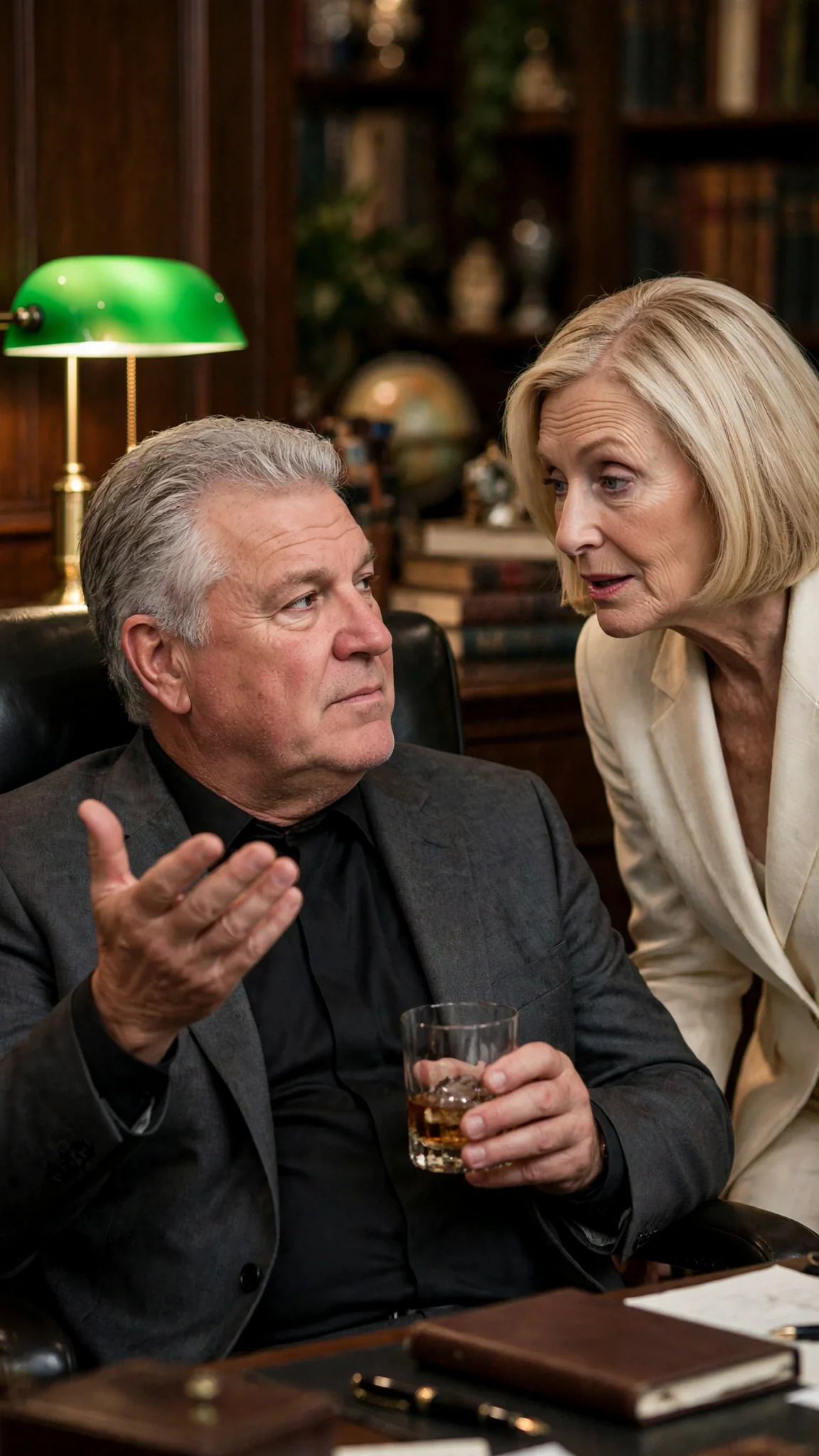 Alfred gestures dismissively with his whiskey while Veronica leans forward.