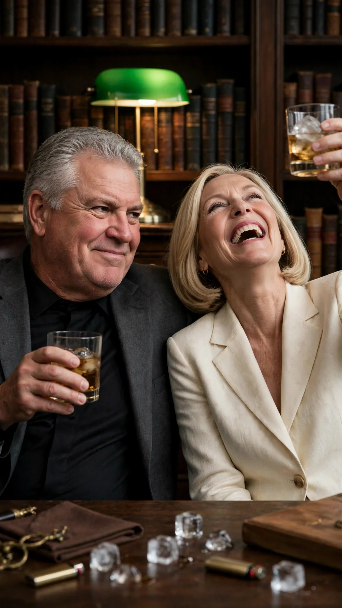 Alfred smirks over his drink while Veronica laughs, ice moving in her glass.
