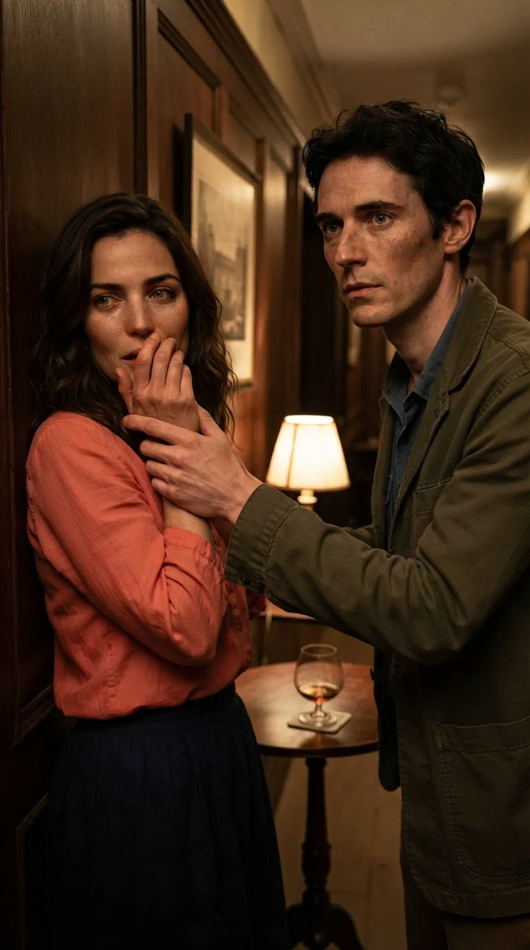 Benedict reaches Marielle in the hallway and sees her pressed flat to the wall.