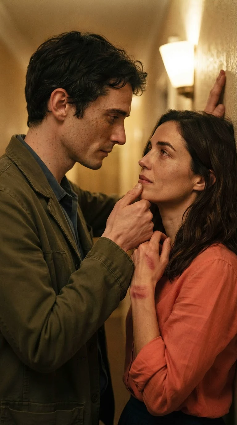 Benedict touches the corner of Marielle's mouth while his other hand rests on the wall.