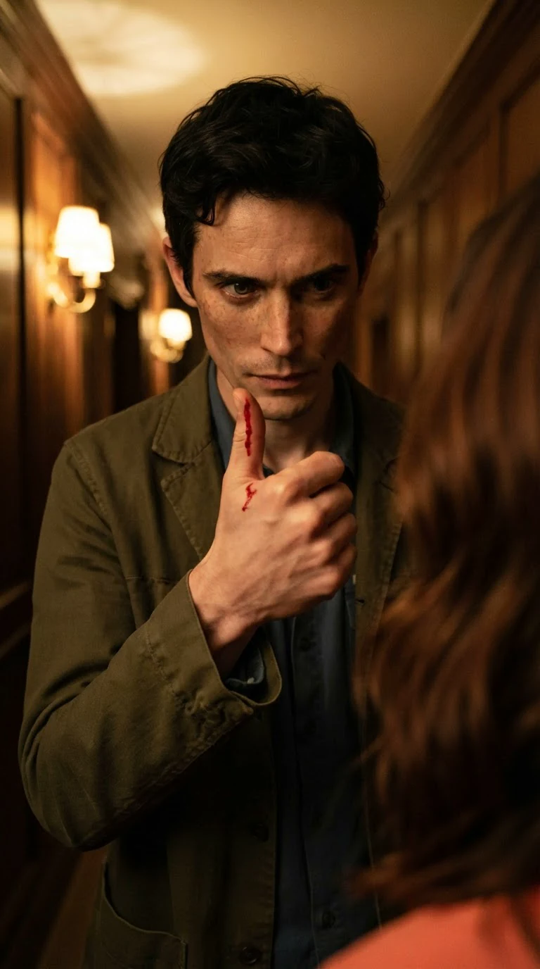 Benedict looks at the blood on his thumb, his face going still and cold.