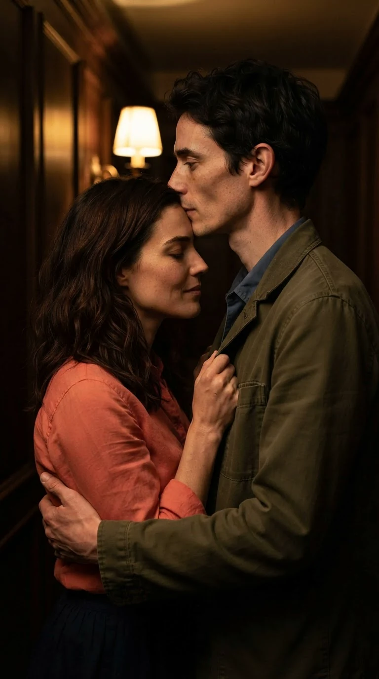 Benedict kisses Marielle's forehead in the dark hallway, holding her close.