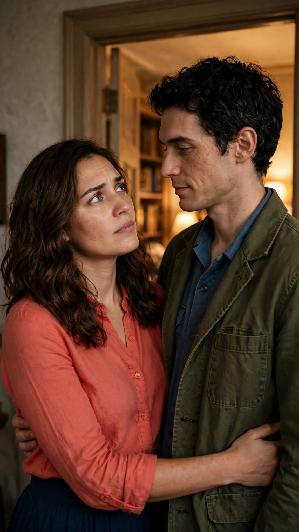 Marielle looks up at Benedict's calm face with her arm around his waist.