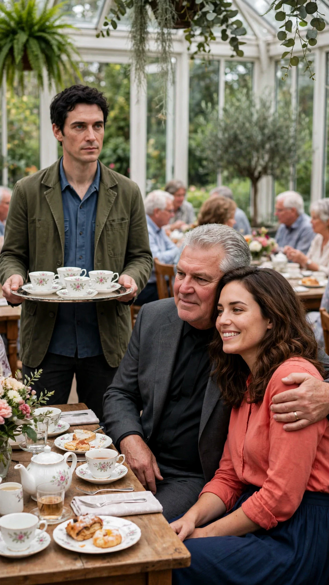 Benedict stands at the back of the glasshouse tea with a tray, watching Alfred put his arm around Marielle.