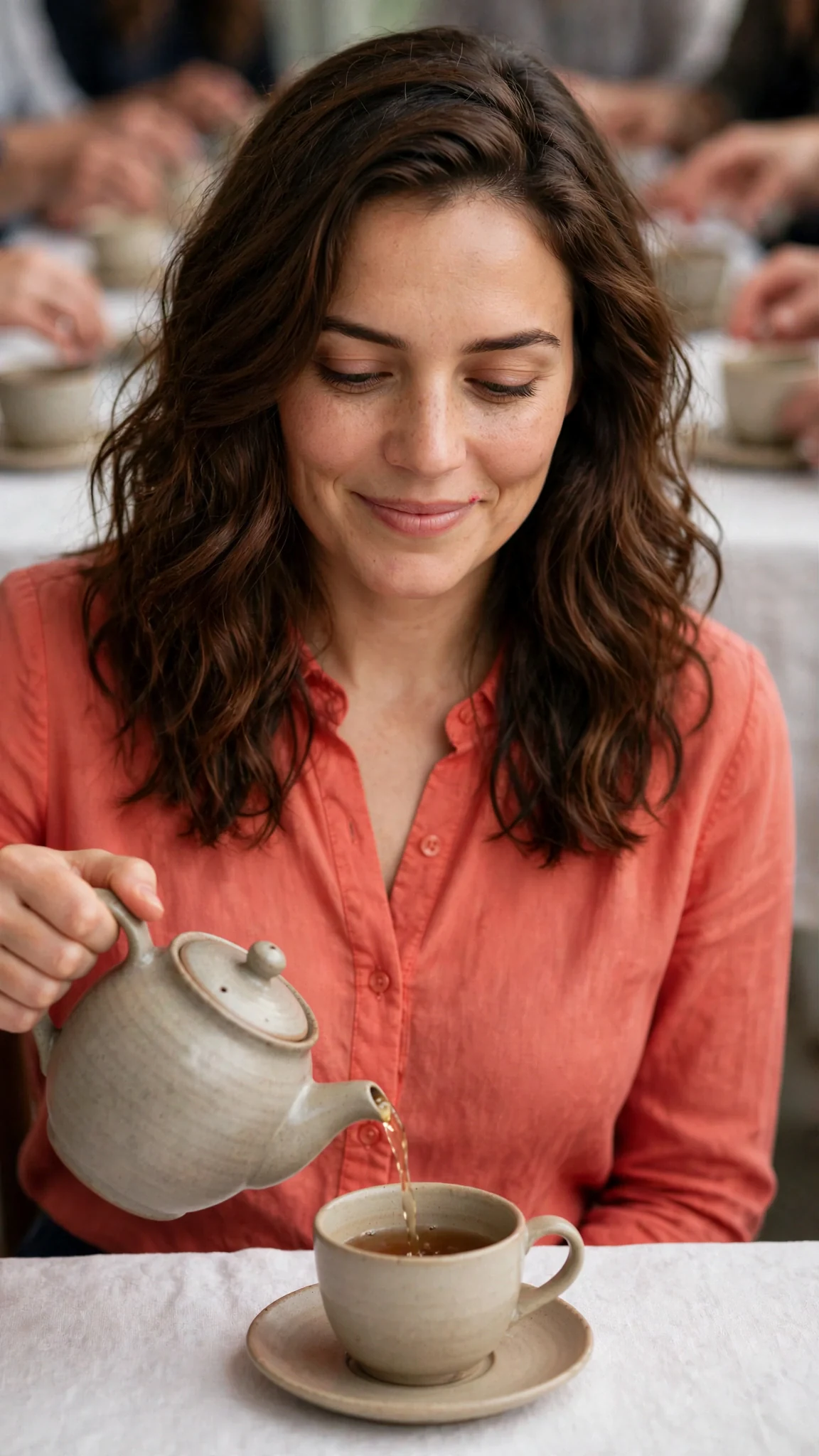 Marielle pours tea with a careful smile, a small pink mark on her lip.