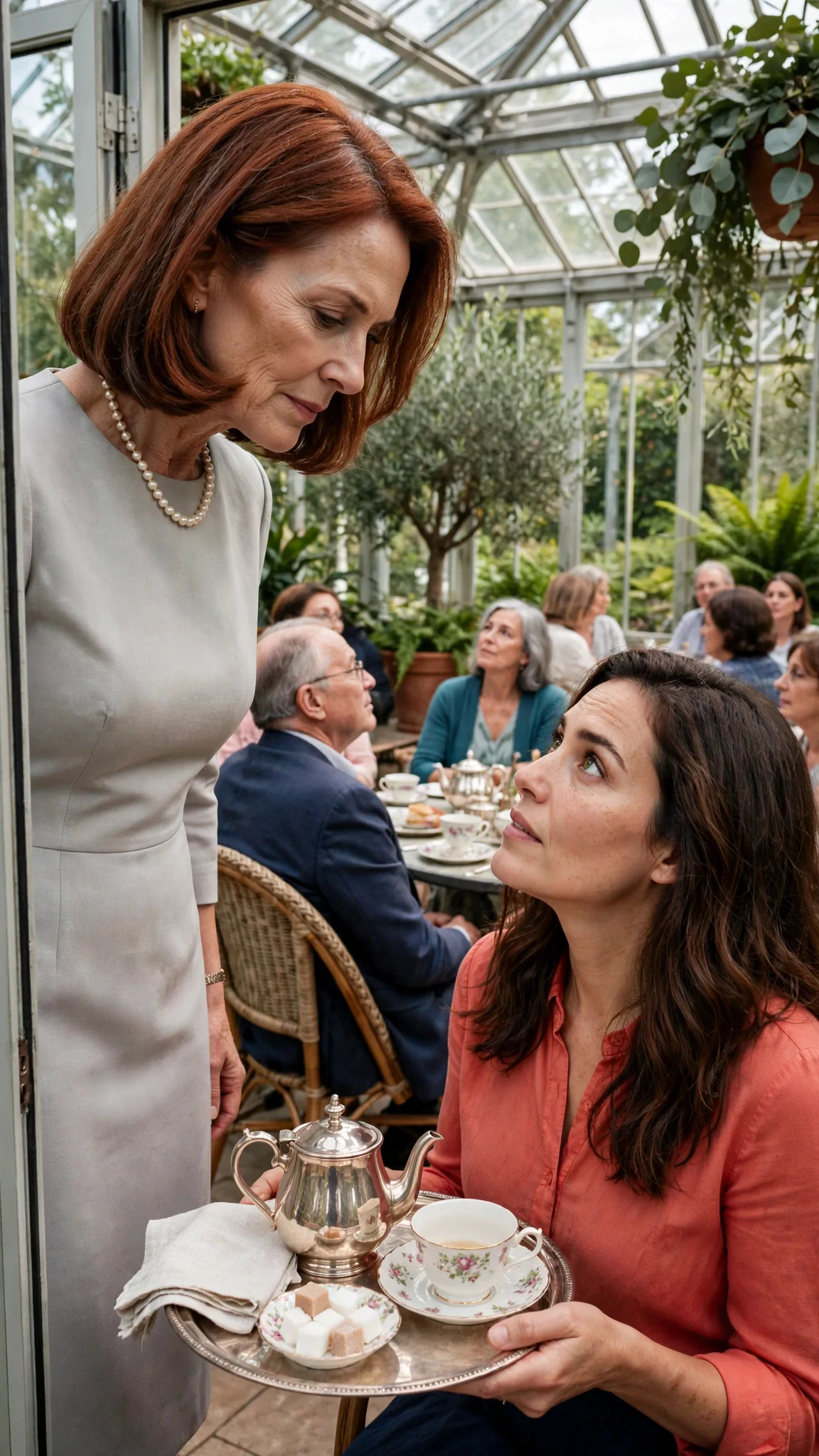 Lavinia Gable enters the tea in a pearl-gray dress, looking Marielle up and down.