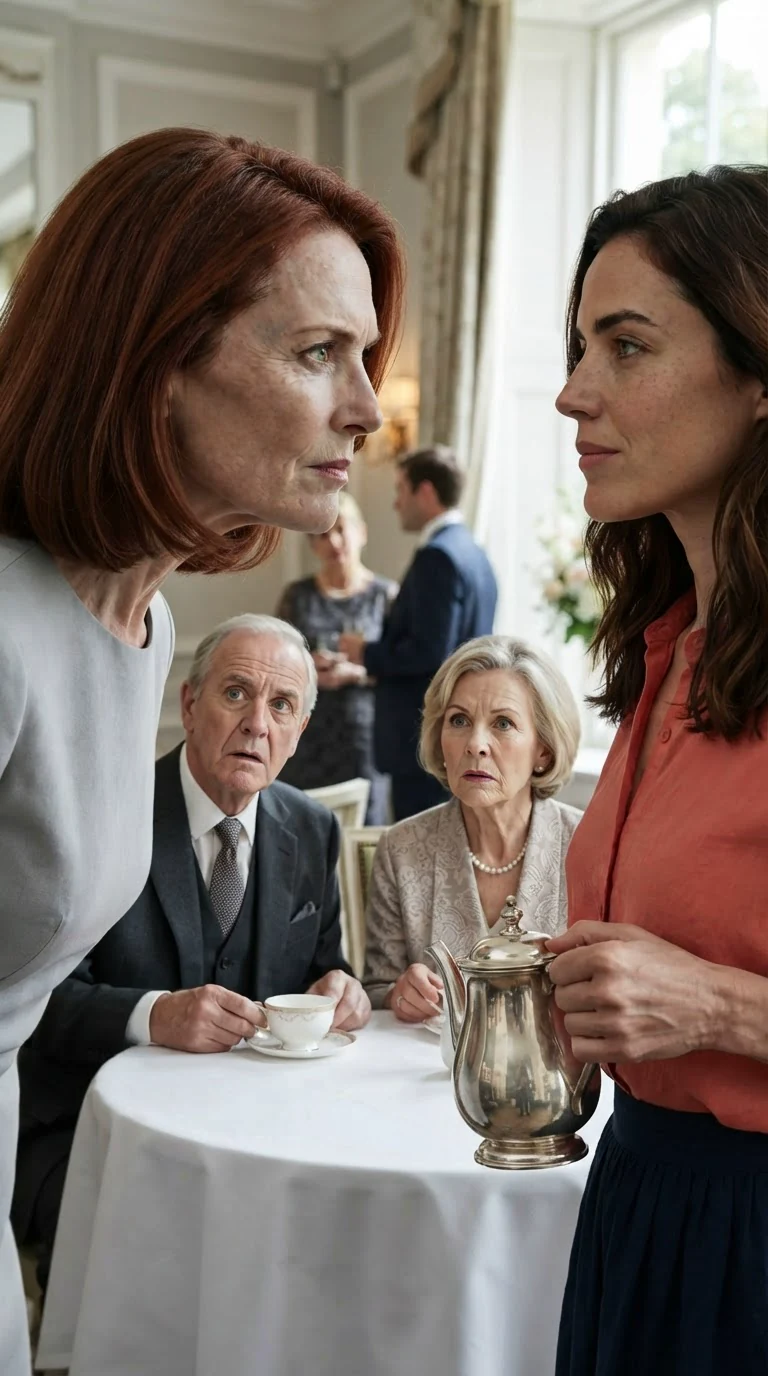 Lavinia leans in close and speaks cruelly to Marielle while donors at a nearby table set down their cups.