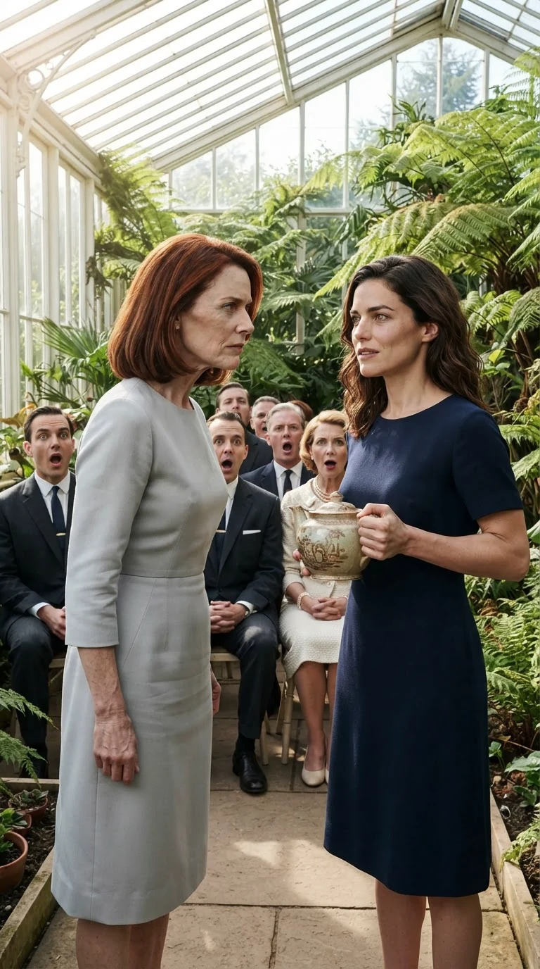 Lavinia speaks with a sneer while Marielle stands rigid, donors watching.
