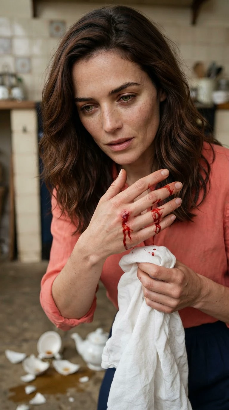 Broken china on the stone floor and blood running down Marielle's hand.