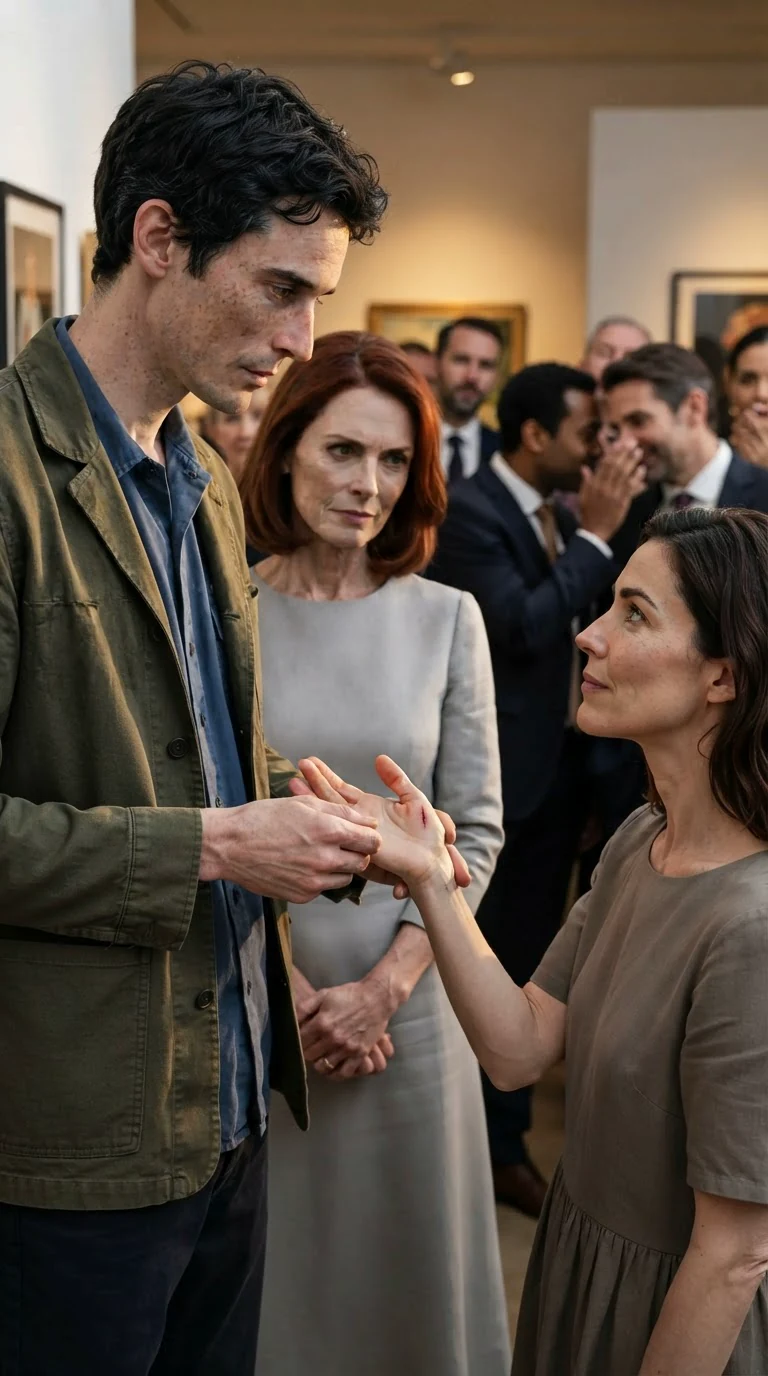 Benedict crosses the tea room and takes Marielle's bleeding hand, Lavinia watching with disdain.