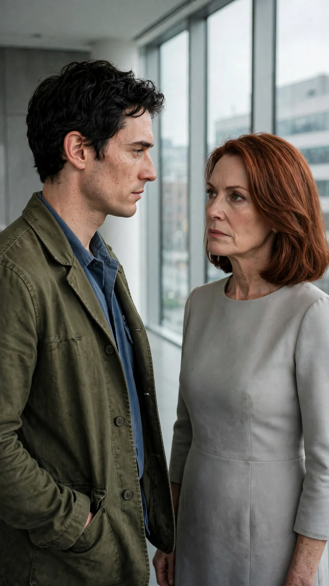 Benedict speaks quietly to Lavinia, then turns away toward the glass wall with his phone.