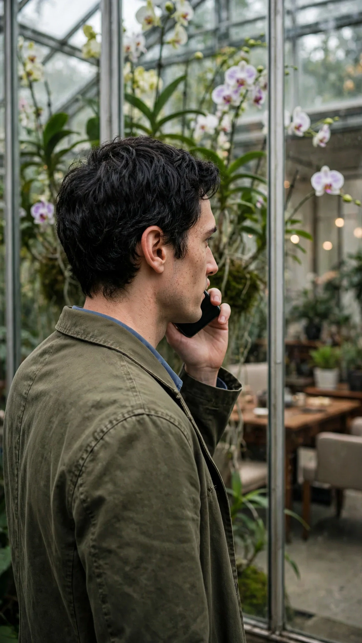 Benedict stands with his back to the tea room, phone at his ear, one hand in his pocket.