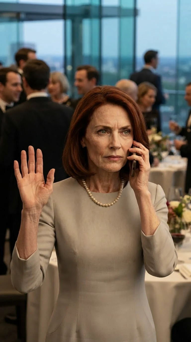 Lavinia answers her phone in the middle of the tea, impatient and important.