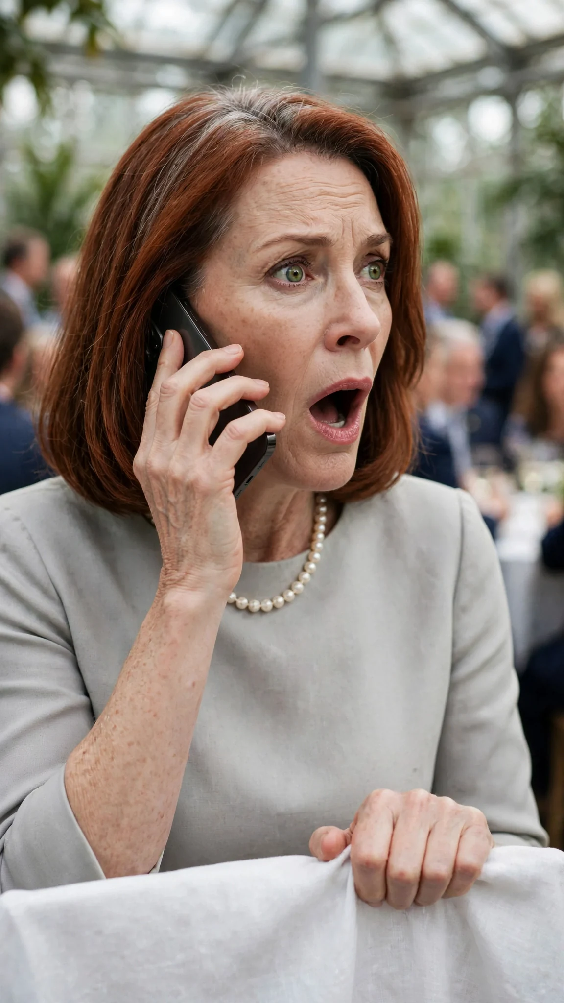 Lavinia's face drains of color as she listens to the phone.
