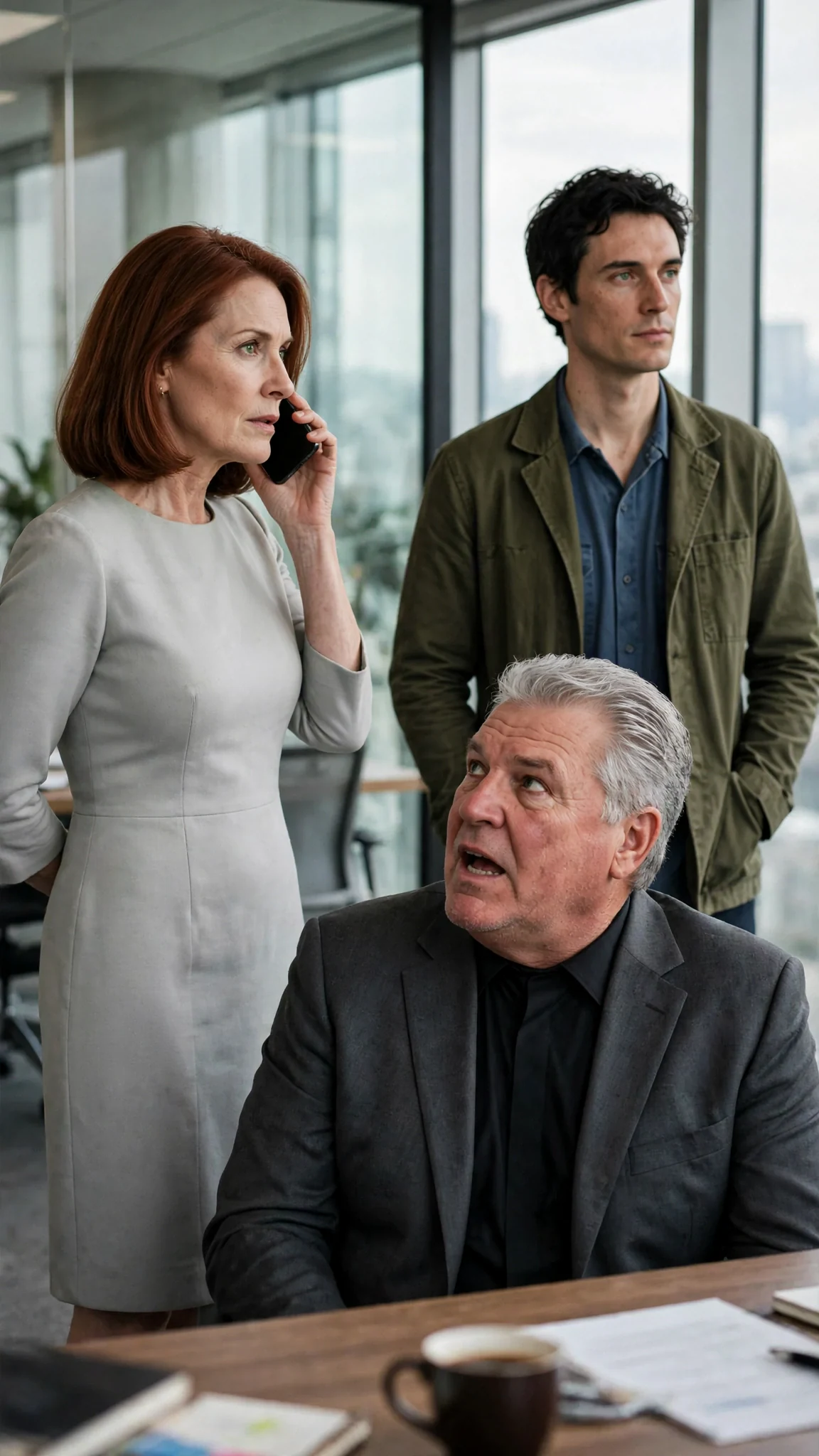 Lavinia turns slowly to stare at Benedict by the glass wall while Alfred's mouth hangs open.