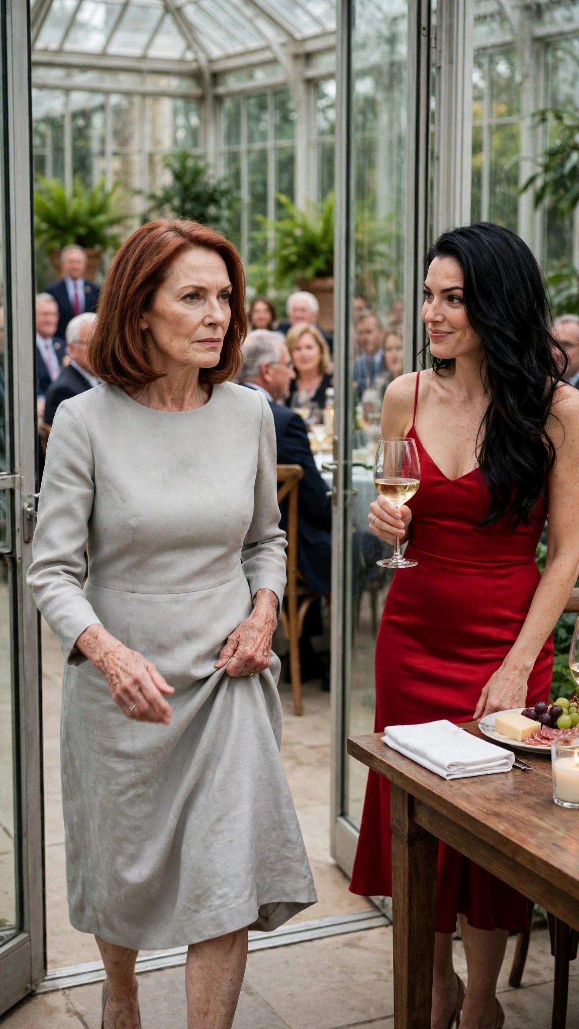 Lavinia storms out of the glasshouse while Priscilla smirks and the donors watch.