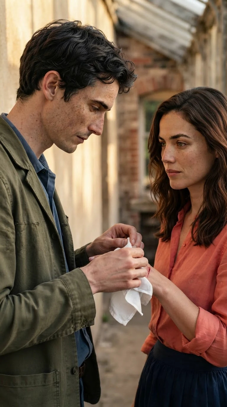 In the hall, Benedict carefully wraps Marielle's cut hand in his handkerchief.