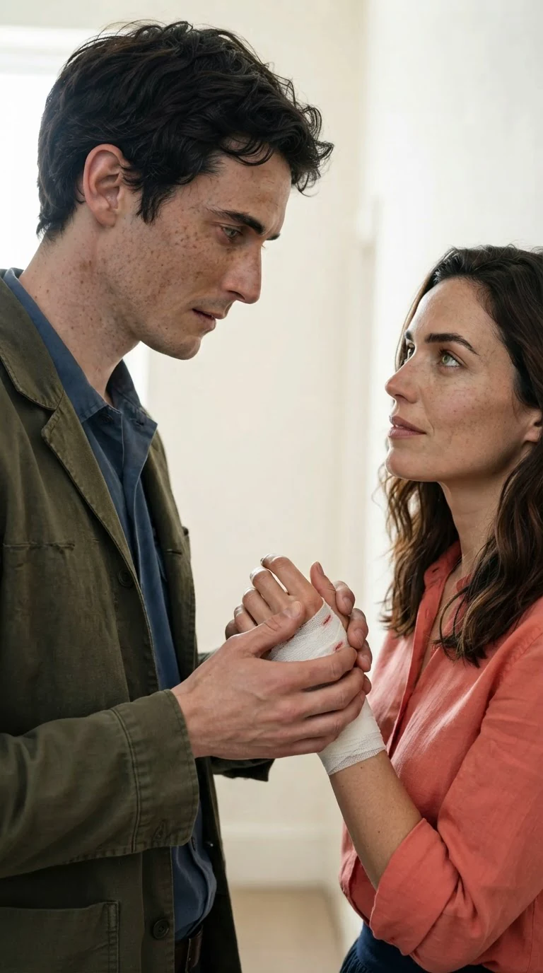 Benedict holds Marielle's bandaged hand, their faces close in the quiet hall.