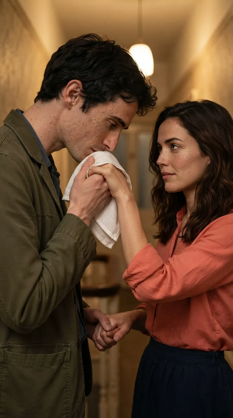 Benedict presses his lips to Marielle's bandaged hand and she watches his calm face.