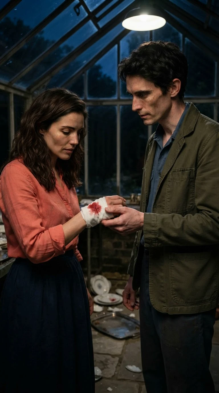 Benedict holds Marielle's bandaged hand in the glasshouse hall while broken china lies on the floor.