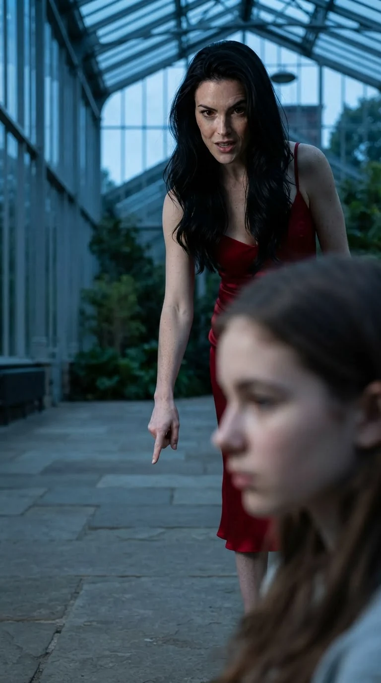 Priscilla in a red dress points at the mess on the floor with a sneer.