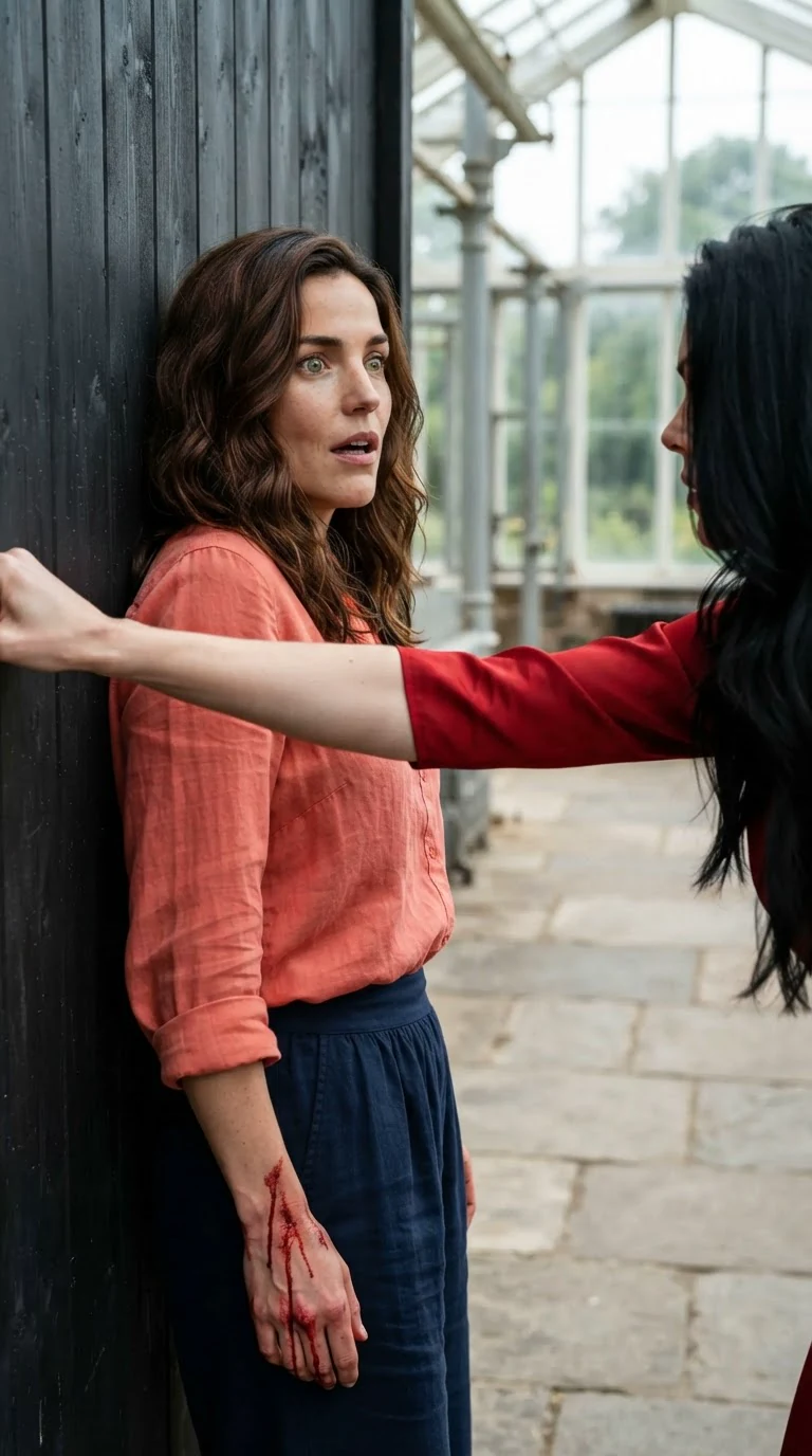Marielle is shoved into a wooden wall panel, shoulder and head striking the wood, blood on her wrist.