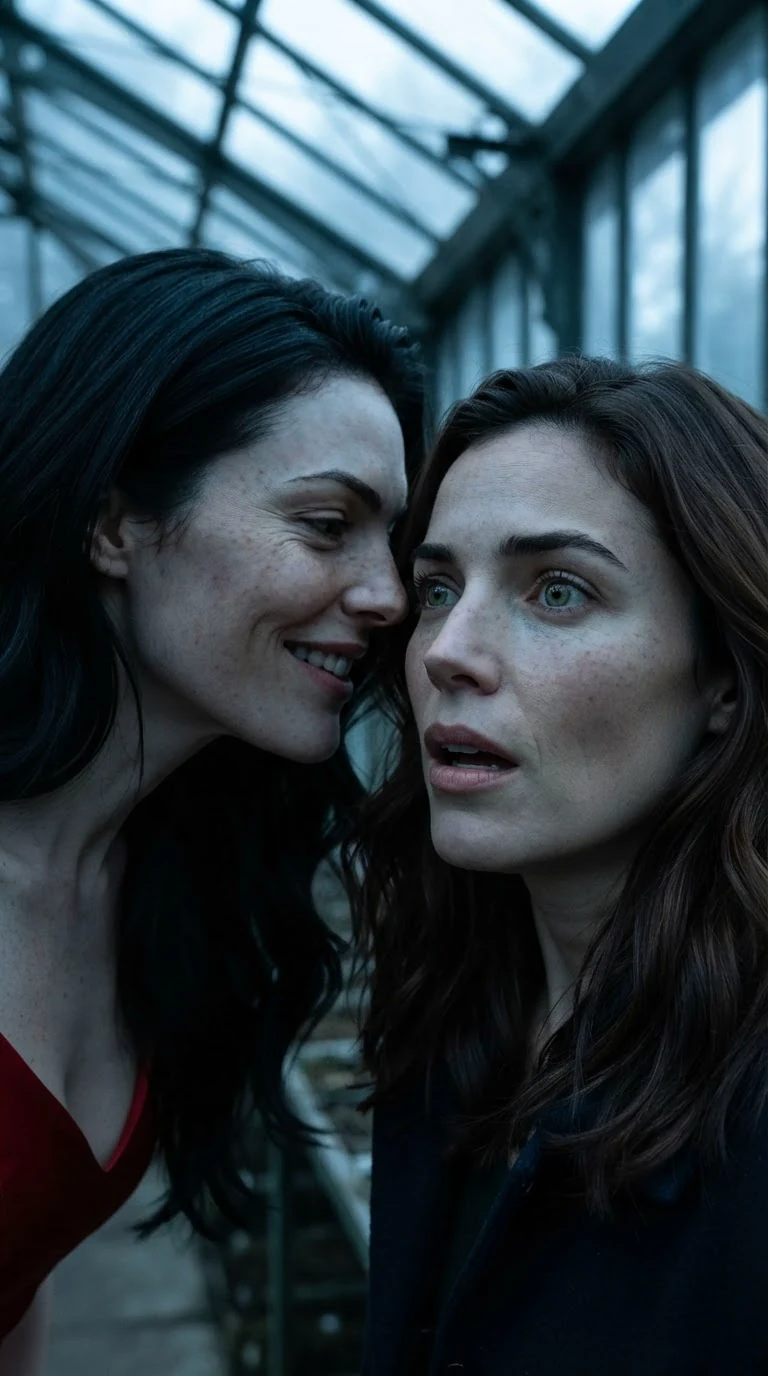 Priscilla leans close to threaten Marielle, whose eyes are wide with real fear.