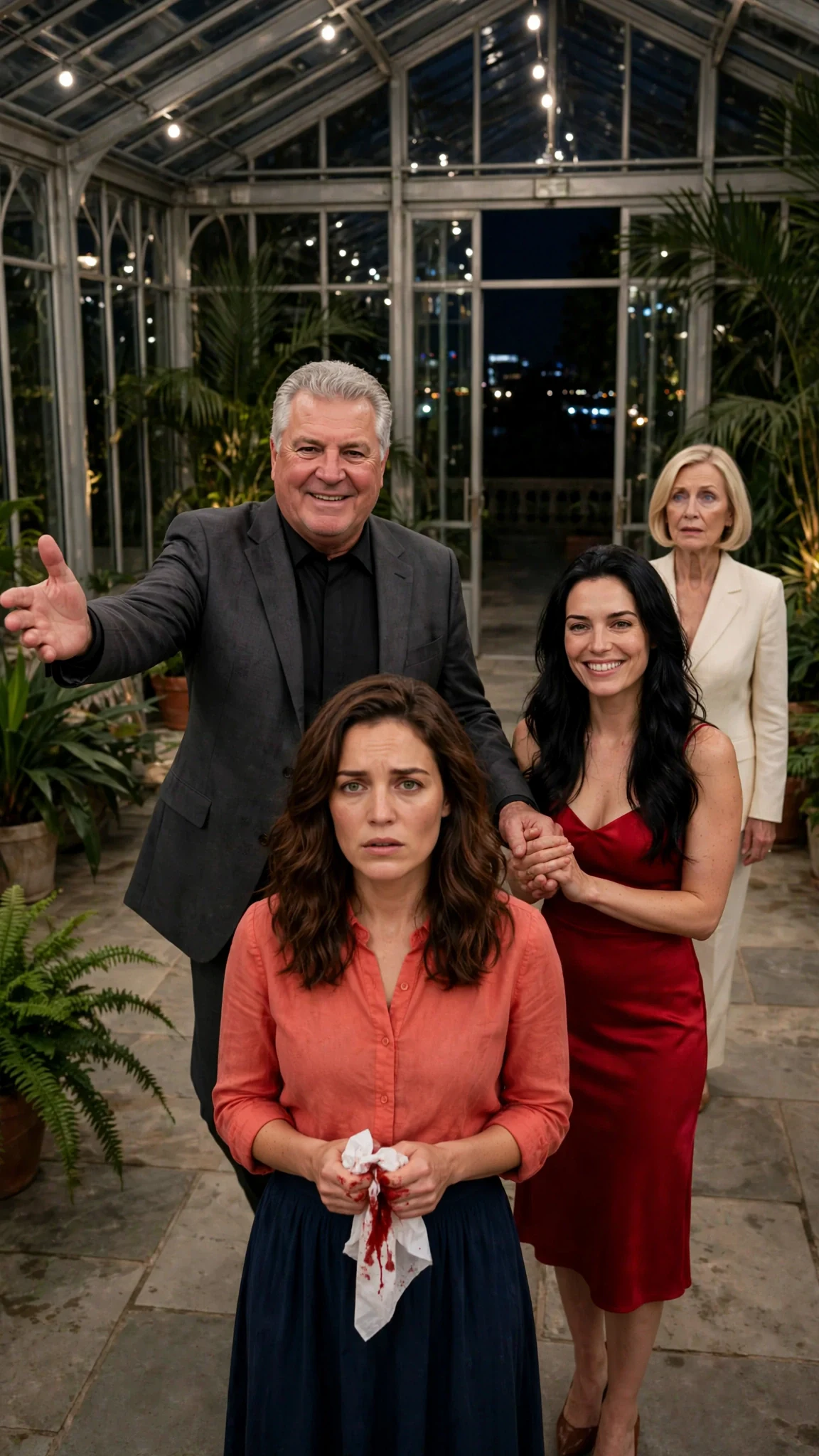 Alfred opens his arms to Marielle while patting Priscilla's hand at his side.