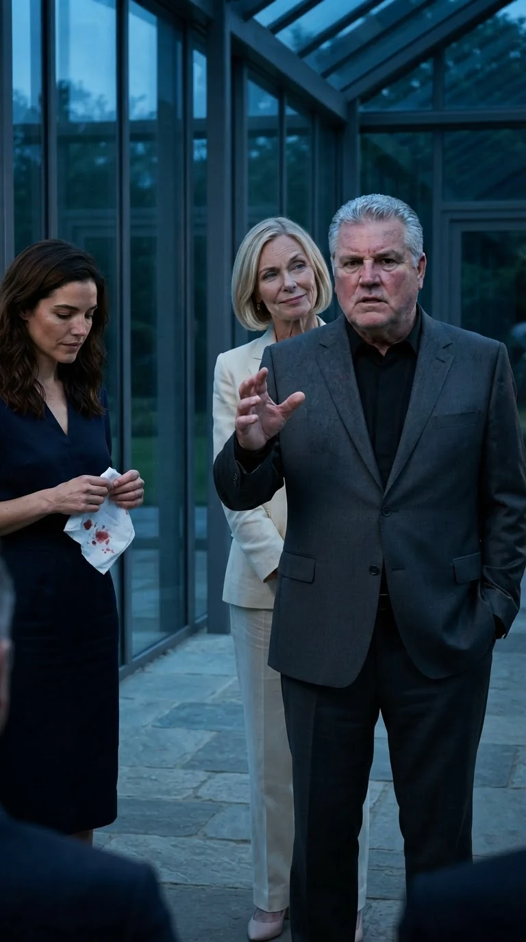 Alfred speaks grandly with one hand raised while Veronica smiles coolly behind him.