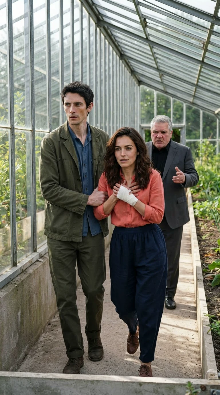 Benedict leads Marielle away by the elbow while Alfred gestures angrily behind them.