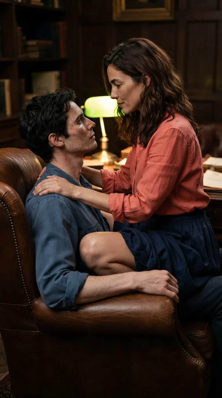 Marielle straddles Benedict in the wide study chair, both dressed, faces close and charged.