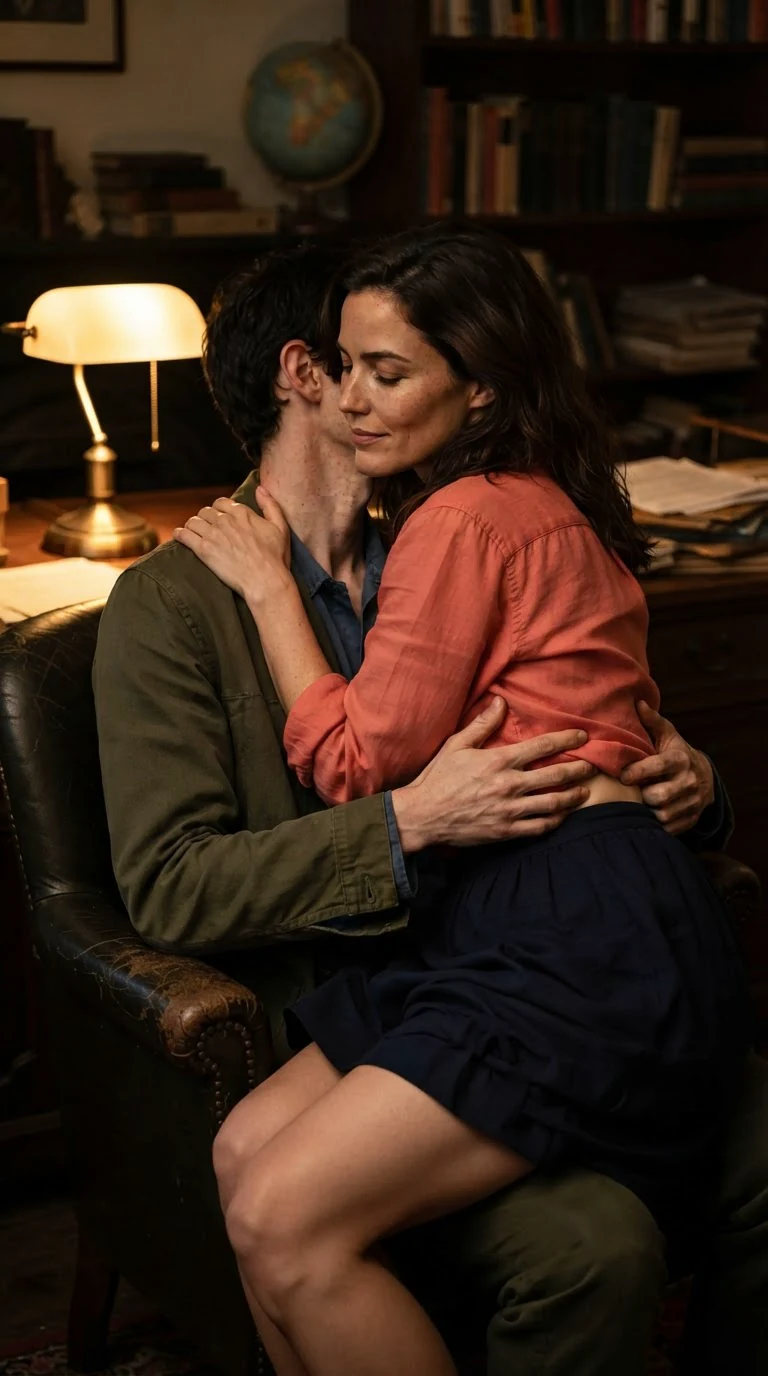 Benedict's hands under her blouse at her back as she presses her face to his neck, breathing hard.