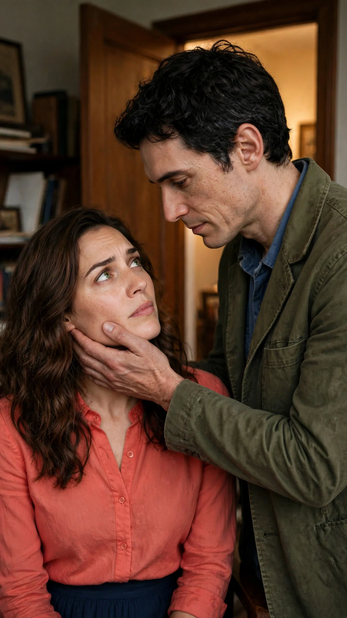 Marielle looks at Benedict's steady face, his hand cupping her cheek, her eyes full of a cold question.
