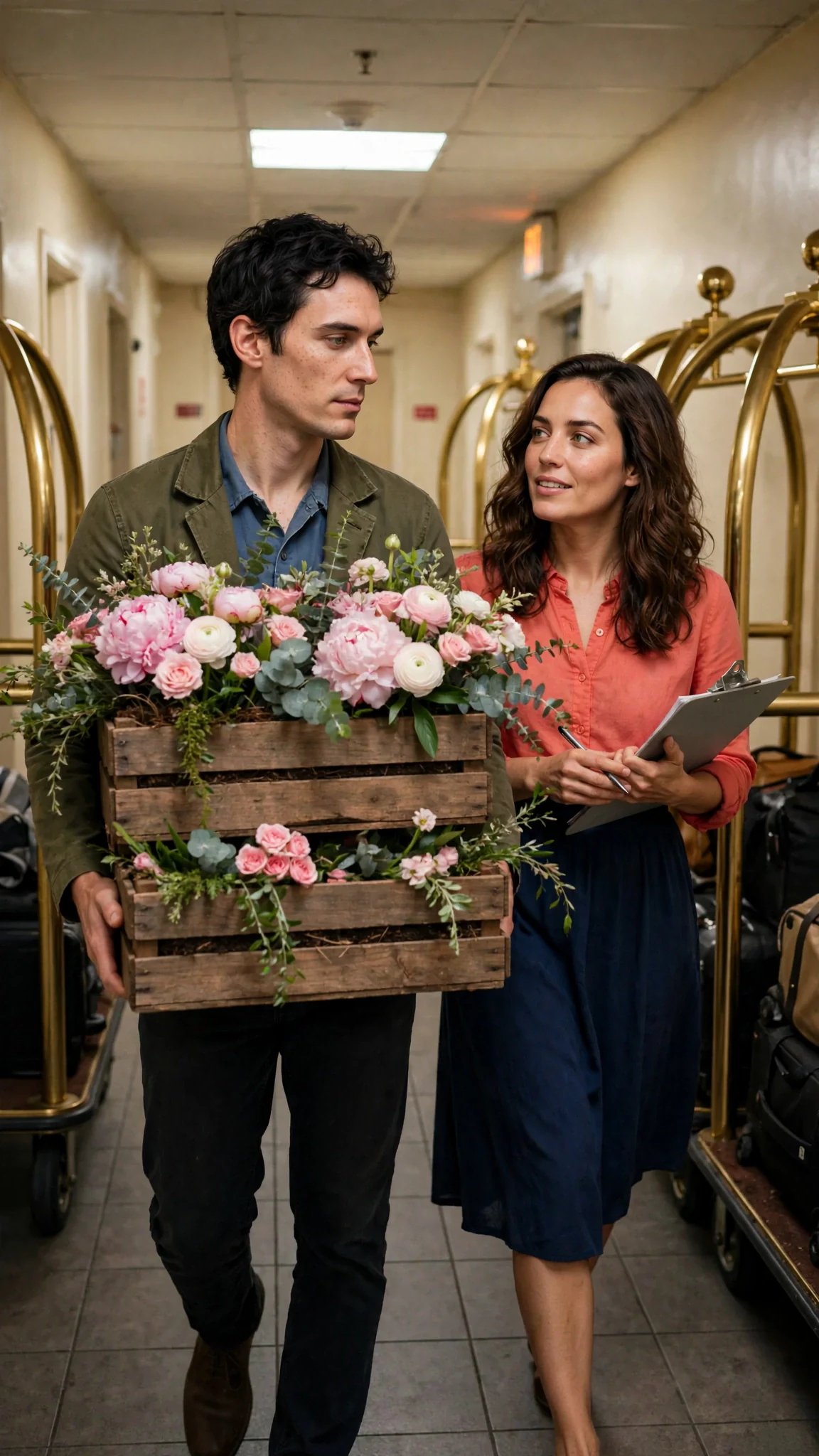 Benedict carries orchid boxes down a hotel service hall while Marielle checks a clipboard.